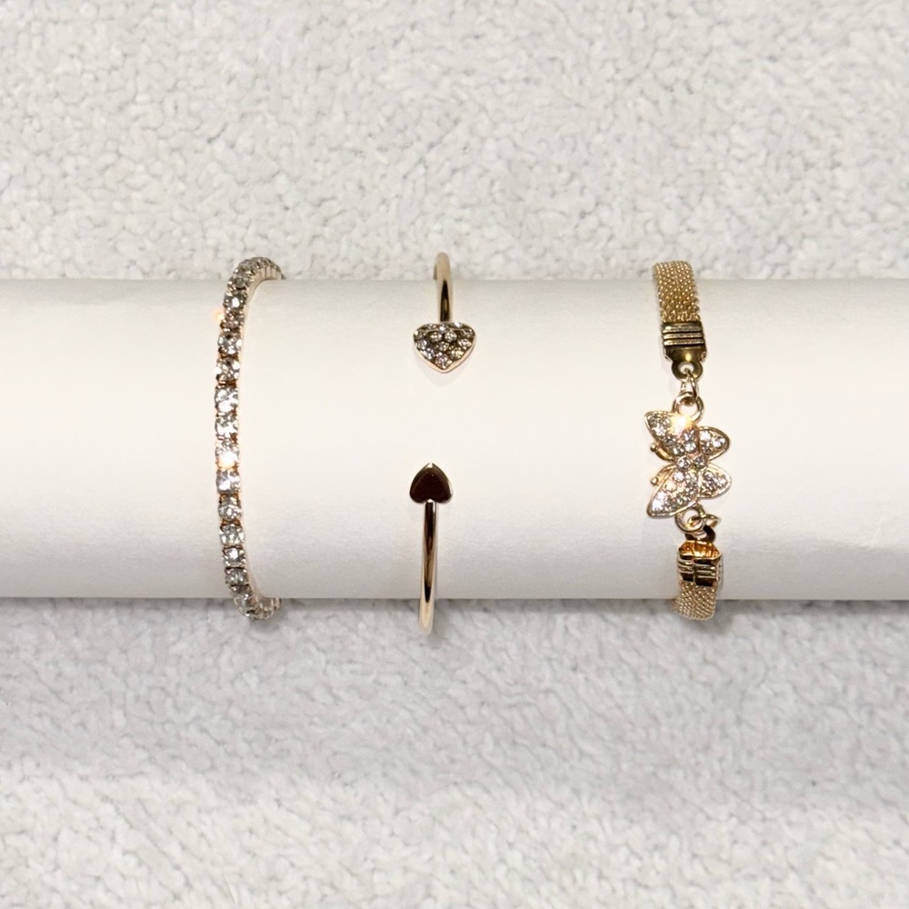 Set of 3 Gold Bracelets Women's Butterfly Crystal Style Tennis Heart Adjustable - Picture 8 of 9